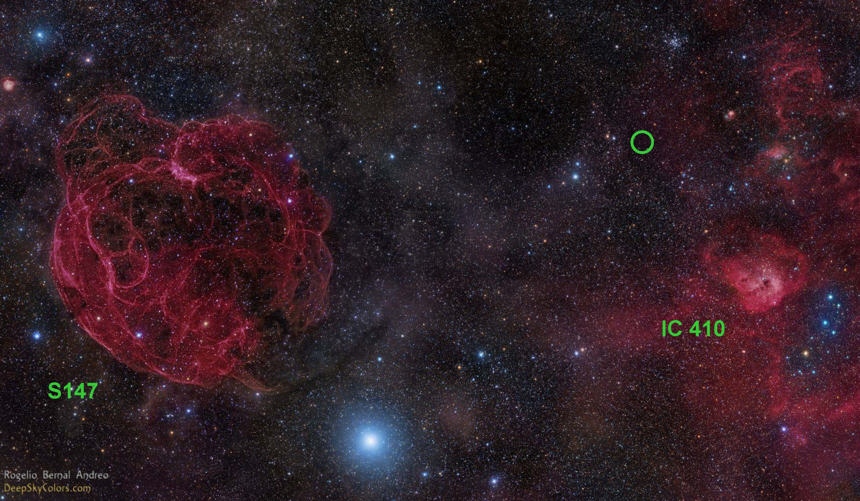 Optical sky image of the area in the constellation Auriga where the fast radio burst FRB 121102 has been detected. The position of the burst, between the old supernova remnant S147 (left) and the star formation region IC 410 (right) is marked with a green circle.